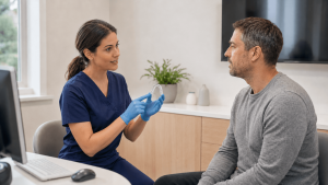 Dentist showing a custom night guard to an adult patient in Toronto.