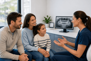 Family speaking with a dentist during a general dental care consultation