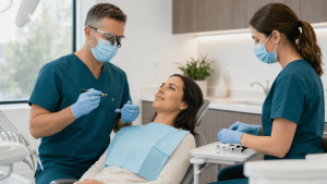 Dentist speaking with a patient before a tooth-coloured filling appointment in Toronto