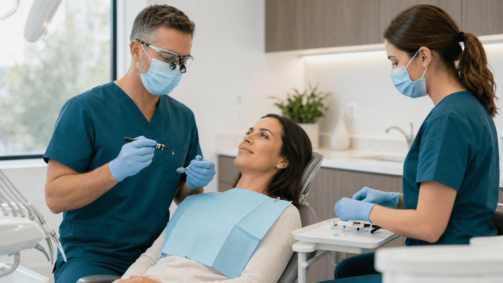 Dentist speaking with a patient before a tooth-coloured filling appointment in Toronto
