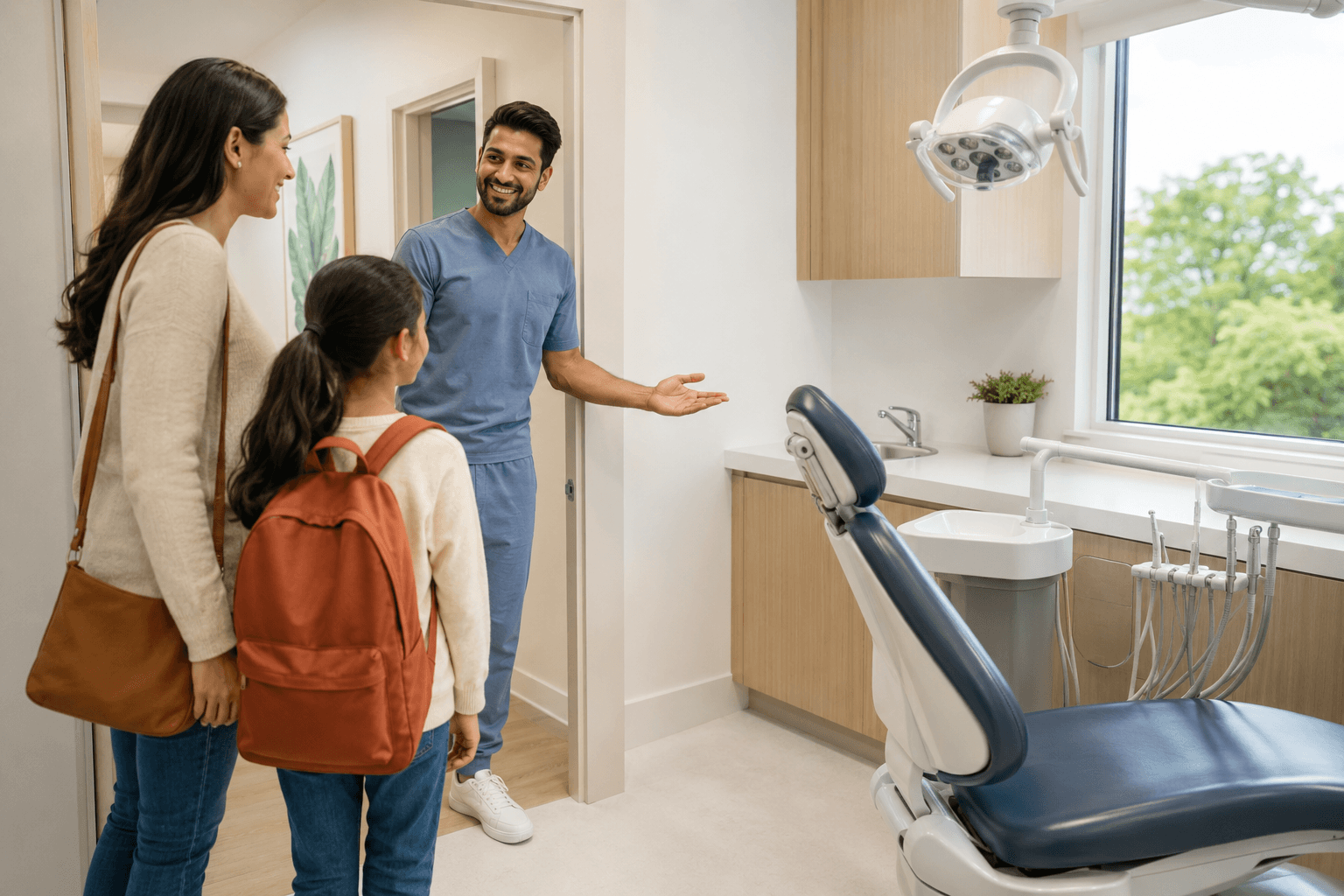 Dentist welcoming a parent and child into a dental treatment room for a family visit.