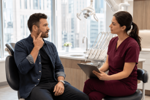 Dentist speaking with an adult patient about tooth discomfort during an emergency dental consultation.