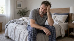 Tired man sits on the edge of an unmade bed with one hand against his forehead.