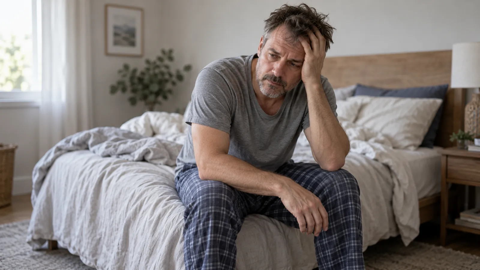 Tired man sits on the edge of an unmade bed with one hand against his forehead.