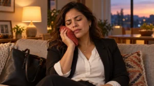 Woman rests a folded cloth against her cheek on a sofa, with a work bag nearby in evening light. Dental Arts Toronto TMJ treatment
