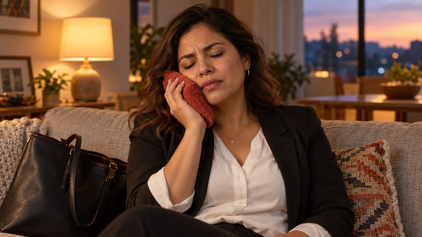 Woman rests a folded cloth against her cheek on a sofa, with a work bag nearby in evening light. Dental Arts Toronto TMJ treatment