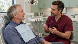 Man wearing a hearing aid sits in a dental chair while a dentist explains the examination. Dental Arts Toronto Oct 2026 blog Dentist on Lawrence Avenue