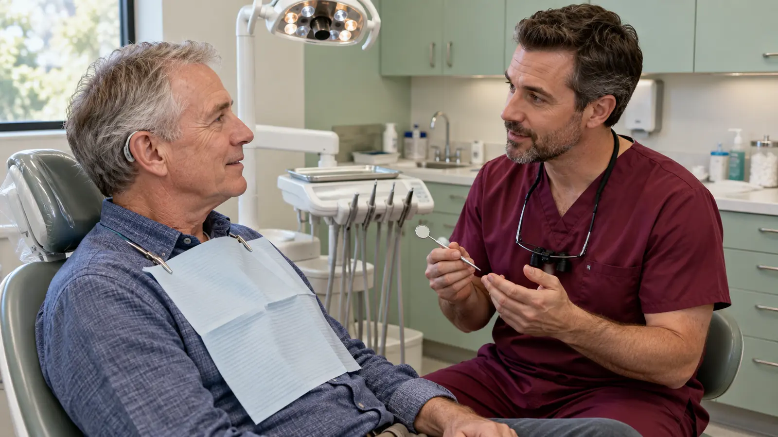 Man wearing a hearing aid sits in a dental chair while a dentist explains the examination. Dental Arts Toronto Oct 2026 blog Dentist on Lawrence Avenue